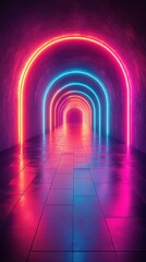 Vibrant neon-lit tunnel creates a mesmerizing atmosphere in an urban space at night