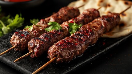Grilled Meat Skewers with Herbs and Flatbread Close Up