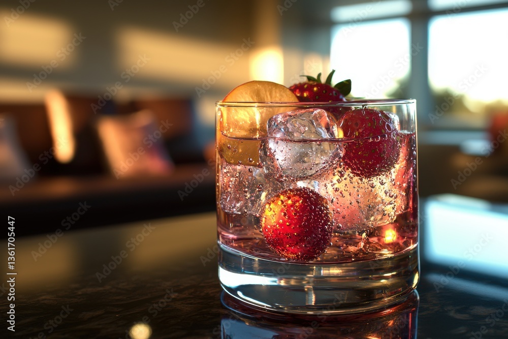 Poster refreshing strawberry cocktail with ice cubes and a slice of lime sitting on a table in a warm relax