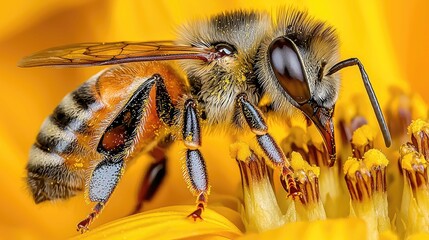 Naklejka premium Stunning Close-up of a Honeybee on a Vibrant Yellow Flower, showcasing intricate details of its body and pollen.