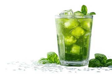 Refreshing Basil Lime Soda, A Vibrant Summer Drink, Perfectly Chilled With Ice Cubes And Garnished...