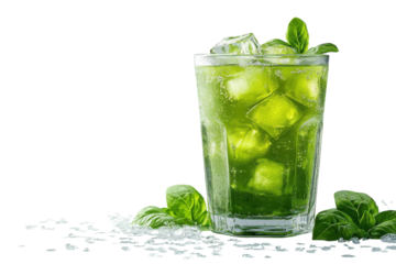 Refreshing Basil Lime Soda, A Vibrant Summer Drink, Perfectly Chilled With Ice Cubes And Garnished With Fresh Basil Leaves, Creating A Bright And Zesty Image Isolated on Transparent Background
