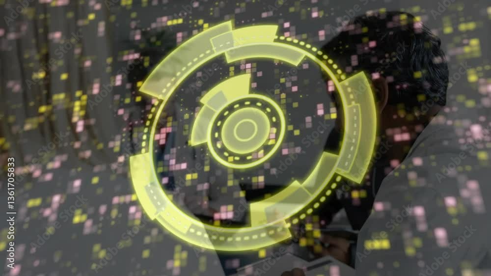 Poster yellow digital interface animation over people working on computers in office