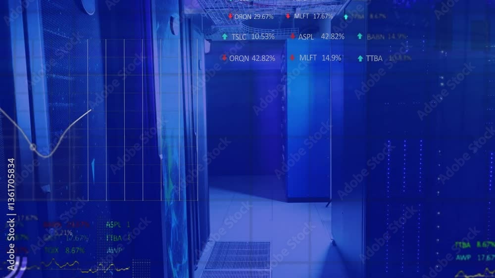 Poster data processing animation over server room with financial graphs and statistics