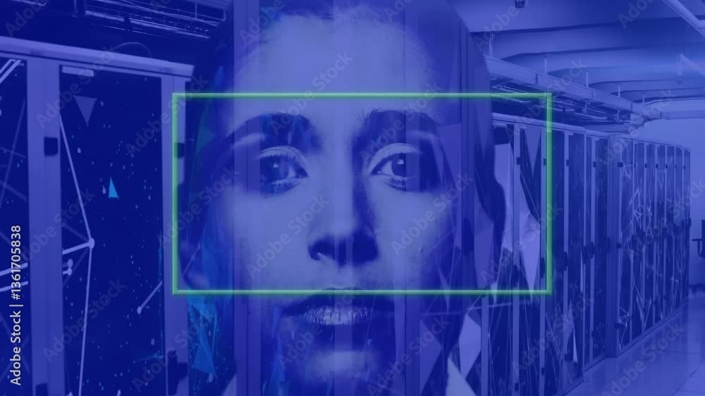 Poster in data center, face recognition animation processing over servers in operation