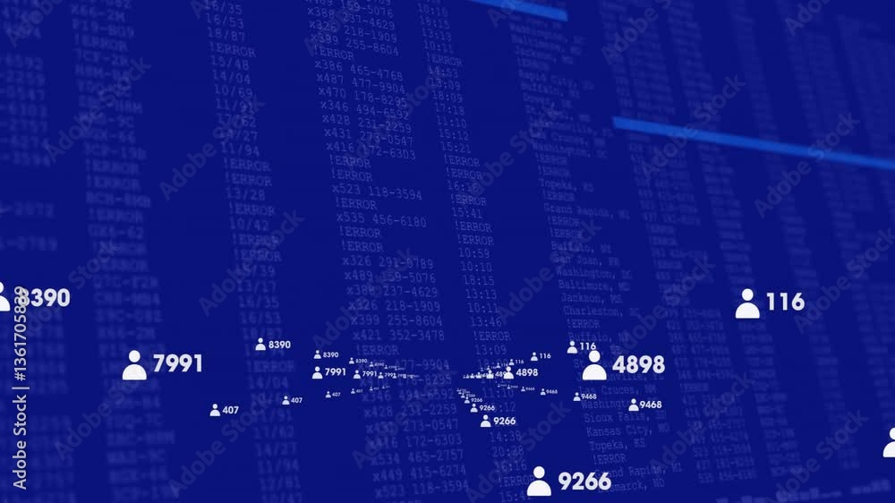 Poster animation of digital data over blue financial numbers background in school setting