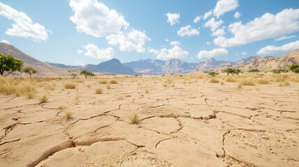 cracked, arid desert landscape bright blue sky with scattered clouds, surrounded by distant mountains and sparse vegetation