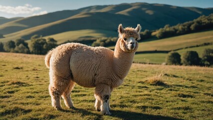 Fototapeta premium A fluffy alpaca stands in a green field with rolling hills in the background.