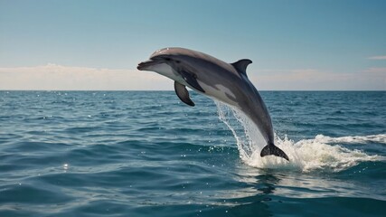 Fototapeta premium A dolphin leaps out of the ocean, showcasing its agility and grace against a clear sky.