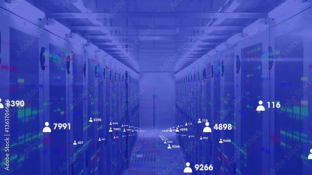 Poster in futuristic data center, animation showing servers processing data efficiently
