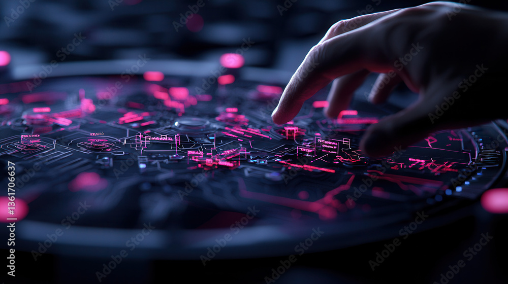 Poster futuristic interface with glowing red and black digital elements, showcasing hand interacting with h