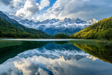 There is a lake with mountains in the background and a cloudy sky