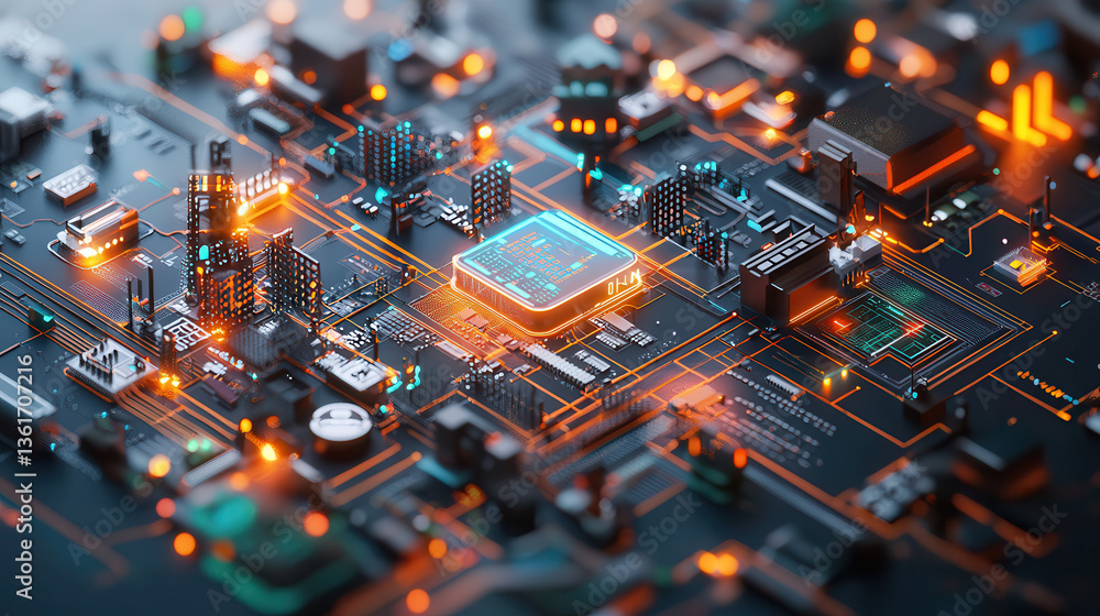 Poster futuristic circuit board with glowing microchip, symbolizing advanced technology and innovation in d