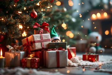 Lutins au pied du sapin avec cadeaux – ambiance magique de Noël