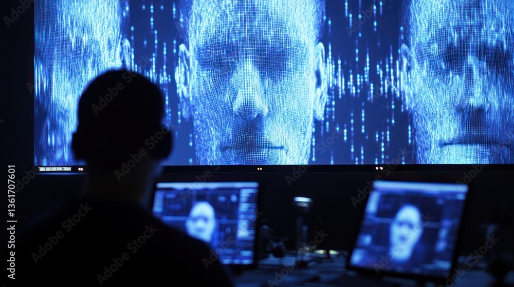 Poster person creating digital avatars and virtual identities with advanced software