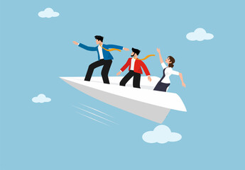 Obraz premium Business Teamwork Success Concept. Team of Business People Flying on Paper Airplane Towards Success, Leadership, Goal Achievement, and Vision for the Future.