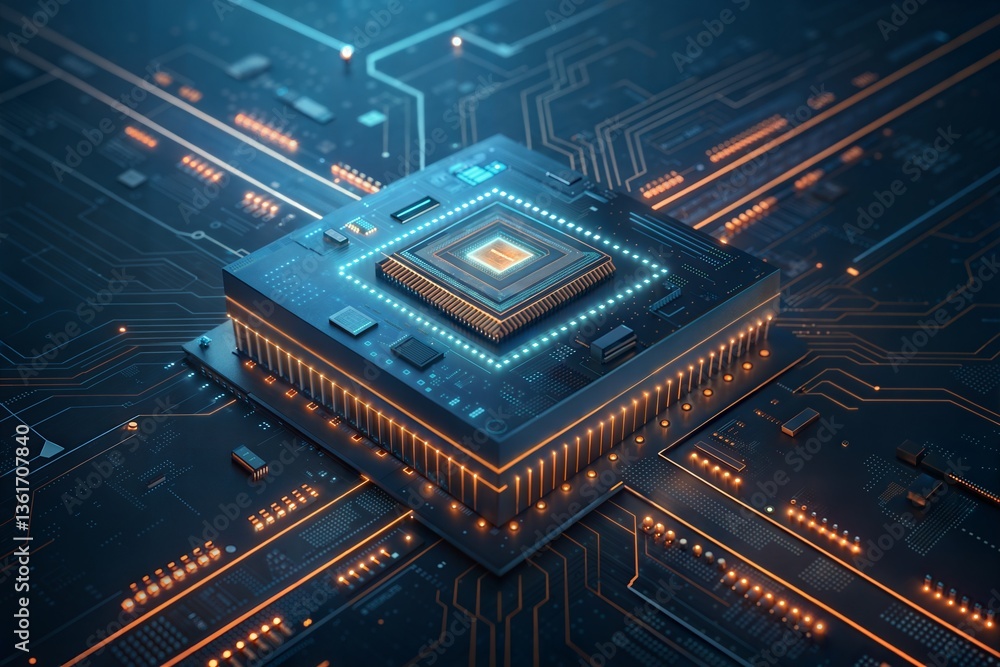 Poster futuristic microchip on a digital circuit board, a high-tech microchip glowing on an advanced digita