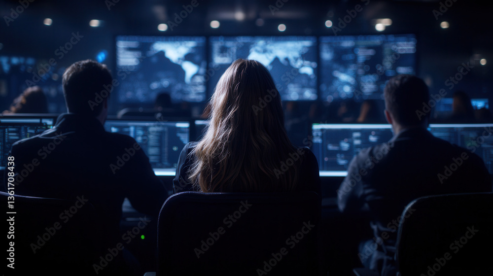 Poster team of professionals monitors multiple screens in high tech control room, analyzing data and strate
