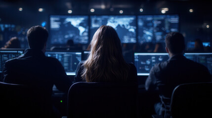 team of professionals monitors multiple screens in high tech control room, analyzing data and strategizing solutions
