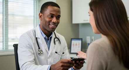 Obraz premium Conversation with black doctor. Portrait of friendly doctor listening to his patient in medical office