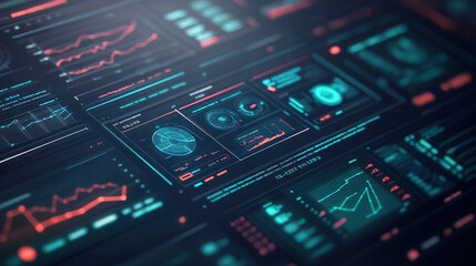 Futuristic digital dashboard with data analytics, charts, and graphs in high tech interface design