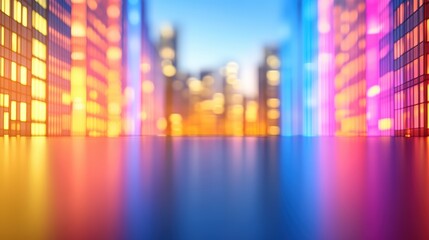 A vibrant cityscape at dusk, featuring illuminated buildings with colorful lights reflecting off a smooth surface.