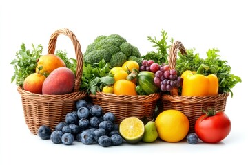 Assorted Fruits and Vegetables in Wicker Baskets Still Life
