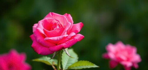 Close-up of a single vibrant pink rose against a blurred green background, isolated, beauty