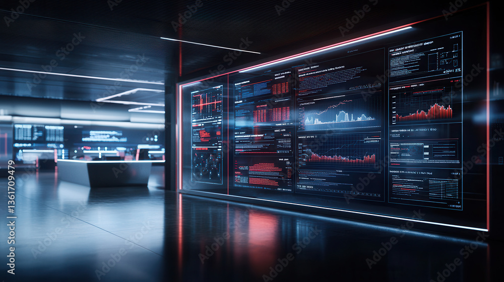 Poster sleek, futuristic control room with glowing data panels displaying analytics and graphs, evoking inn