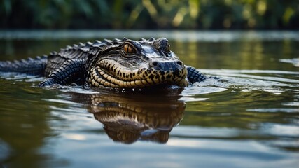 Obraz premium A close-up of a crocodile swimming in calm water, showcasing its detailed features.