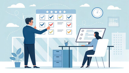 "A corporate HR professional selecting a check mark on a digital hiring platform, emphasizing employee verification, online surveys, and recruitment efficiency."