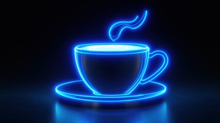 Glowing neon coffee cup, dark background