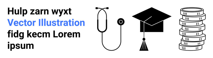 Stethoscope, graduation cap, and stacked coins showcasing healthcare, academic achievements, and economic concepts. Ideal for medical services, education, finance, charity business strategy career