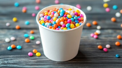 Colorful candy sprinkles fill a white paper cup, some scattered around it. Perfect for illustrating a celebration, sweets, dessert toppings, or baking.