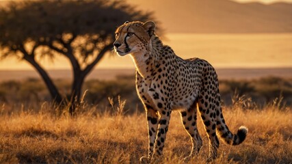 A cheetah stands gracefully in a golden landscape during sunset.