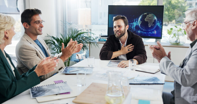 Success, group and applause in meeting, business and proud of achievement in boardroom and global trade. Clapping, happiness and people with smile for project, celebration or international investment