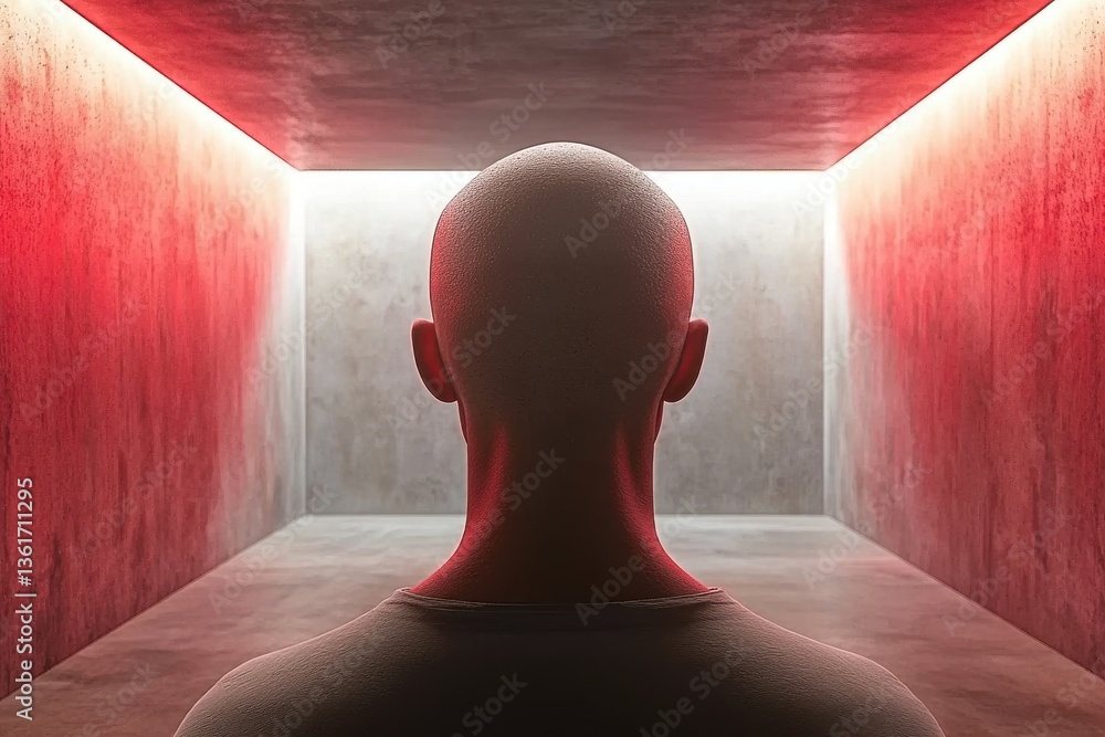 Poster a bald man standing in a red illuminated corridor, facing the light, creating a sense of mystery and