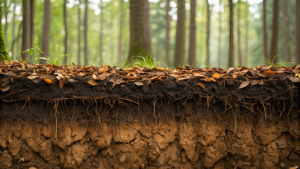 Obraz premium carbon cycle diagram decomposition Underground roots and soil beneath a forest floor, surrounded by trees and greenery.