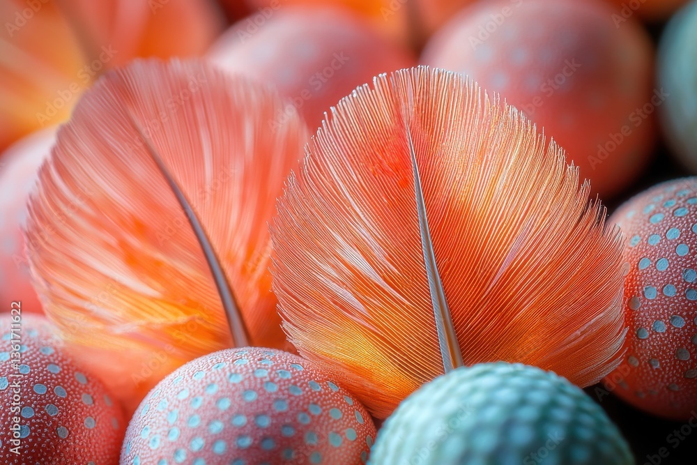 Poster colorful feathers and textured eggs create a vibrant display in a close-up arrangement