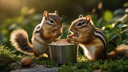 Fototapeta premium Two chipmunks eating from a bowl in a natural setting.