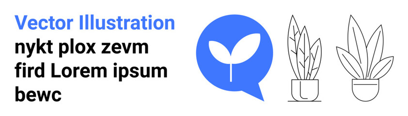Speech bubble with leaf symbol in blue next to line art potted plants. Ideal for growth, nature, sustainability, eco-learning, gardening, organic products, and flat landing page banner