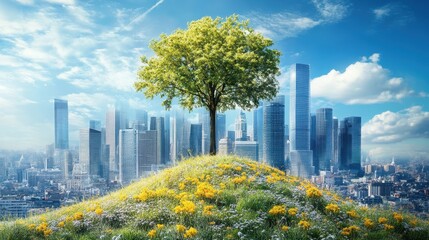 Fototapeta premium Green tree on a grassy hill full of flowers, skyscrapers in the background. Use this for environmental and green energy themed design projects.