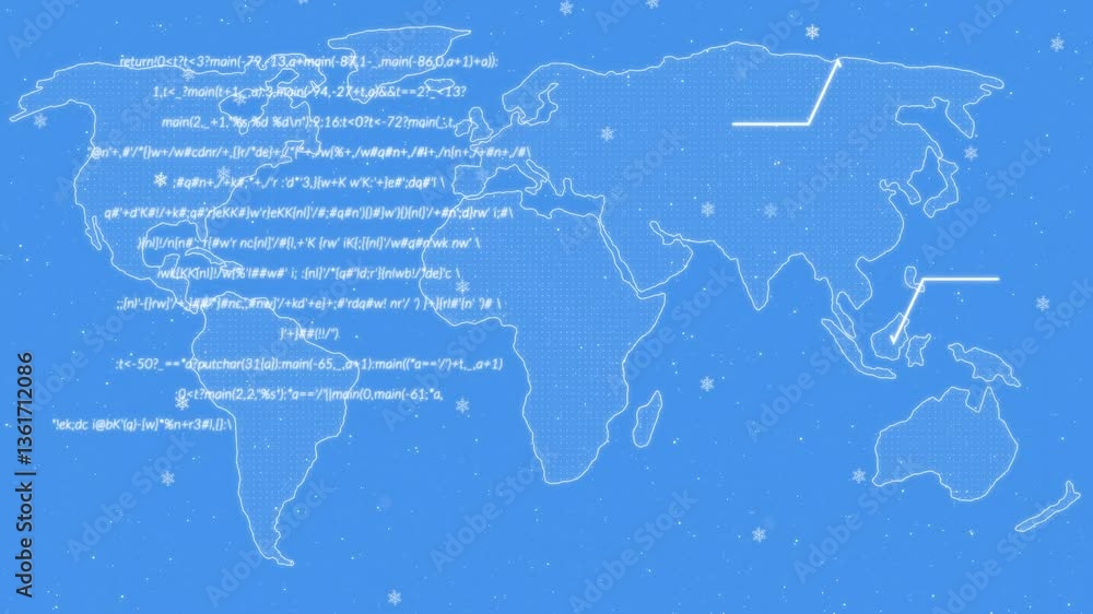 Poster animation of world map with mathematical equations and snowflakes on blue background