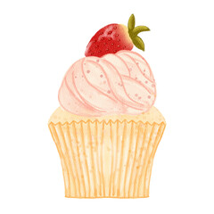 Watercolor Cupcake With Strawberry