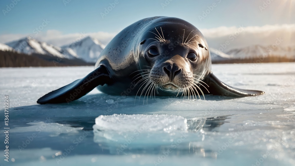 Poster a seal resting on ice with mountains in the background under a clear sky.
