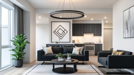 Modern Apartment Living Room Interior, Open Concept Kitchen, Stylish Decor
