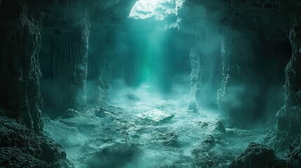 Fototapeta premium A mystical cave where glowing runes illuminate dusty bookshelves filled with the secrets of lost civilizations. 