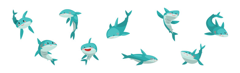 Blue Shark Toothy Animal with Fin Vector Set