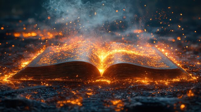 A mystical open book, from which a cascade of glowing golden letters and symbols rises into the air, evoking an aura of ancient magic and wisdom. 