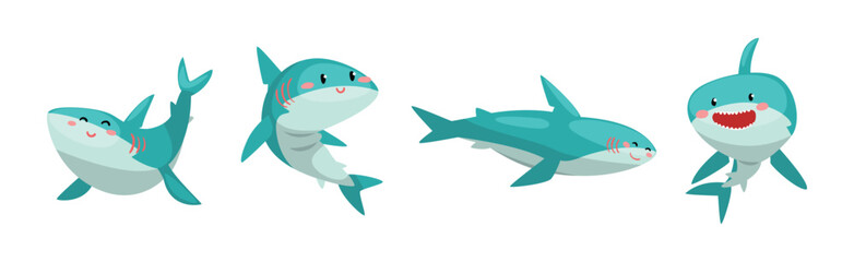 Blue Shark Toothy Animal with Fin Vector Set